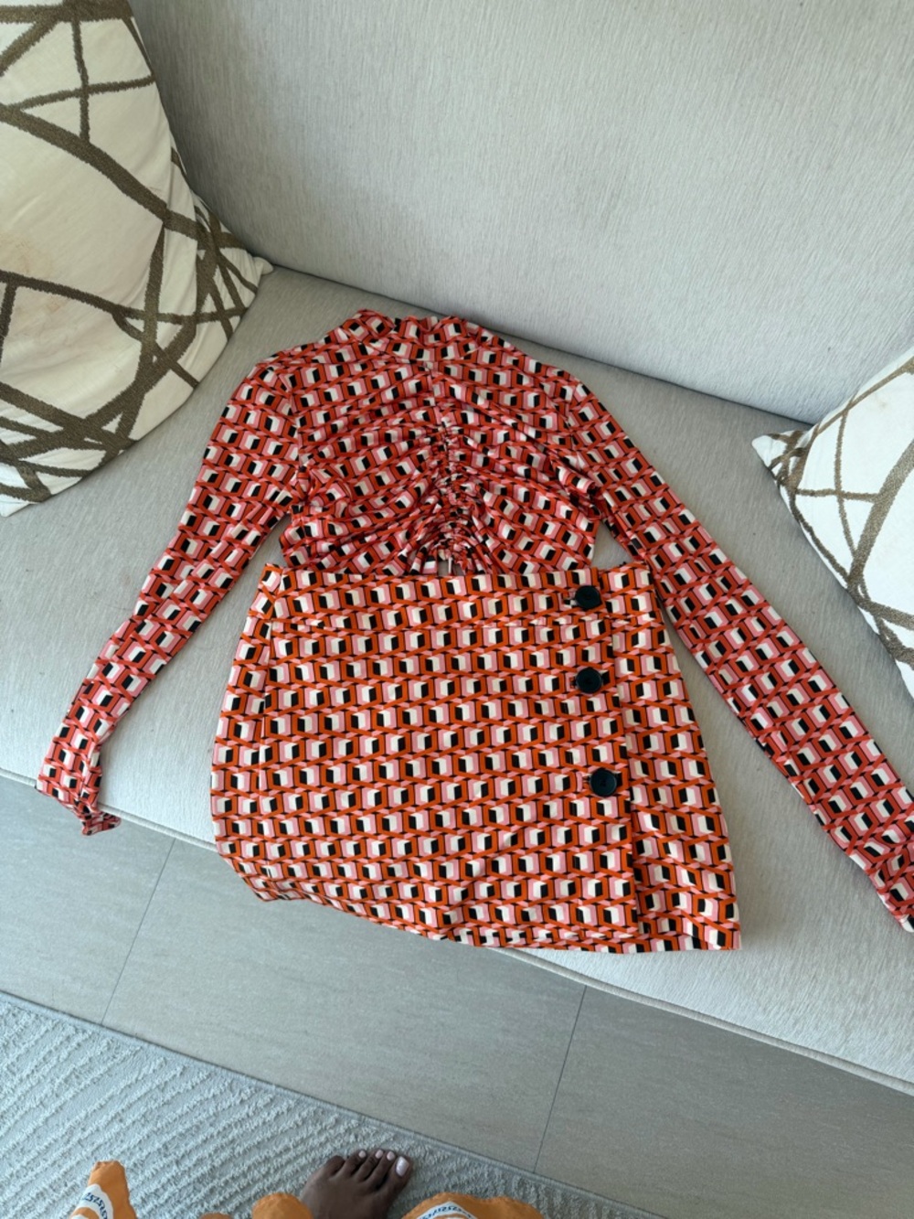 Bershka Orange and Black Geometric Mini set, the skirt with Side Buttons